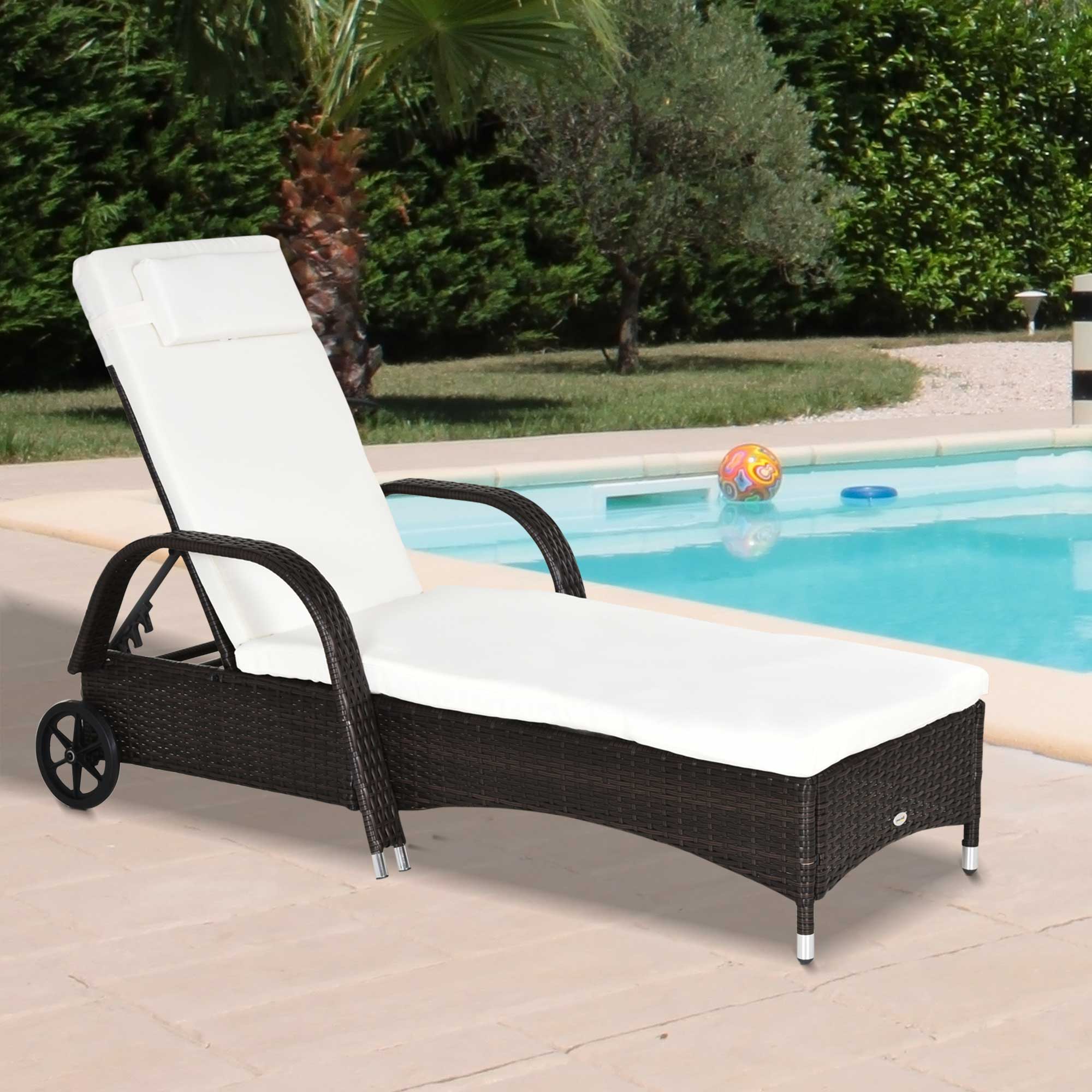 Outsunny Brown Rattan Sun Lounger w/ Adjustable Steel Frame,200Lx73Wx56-103H cm 