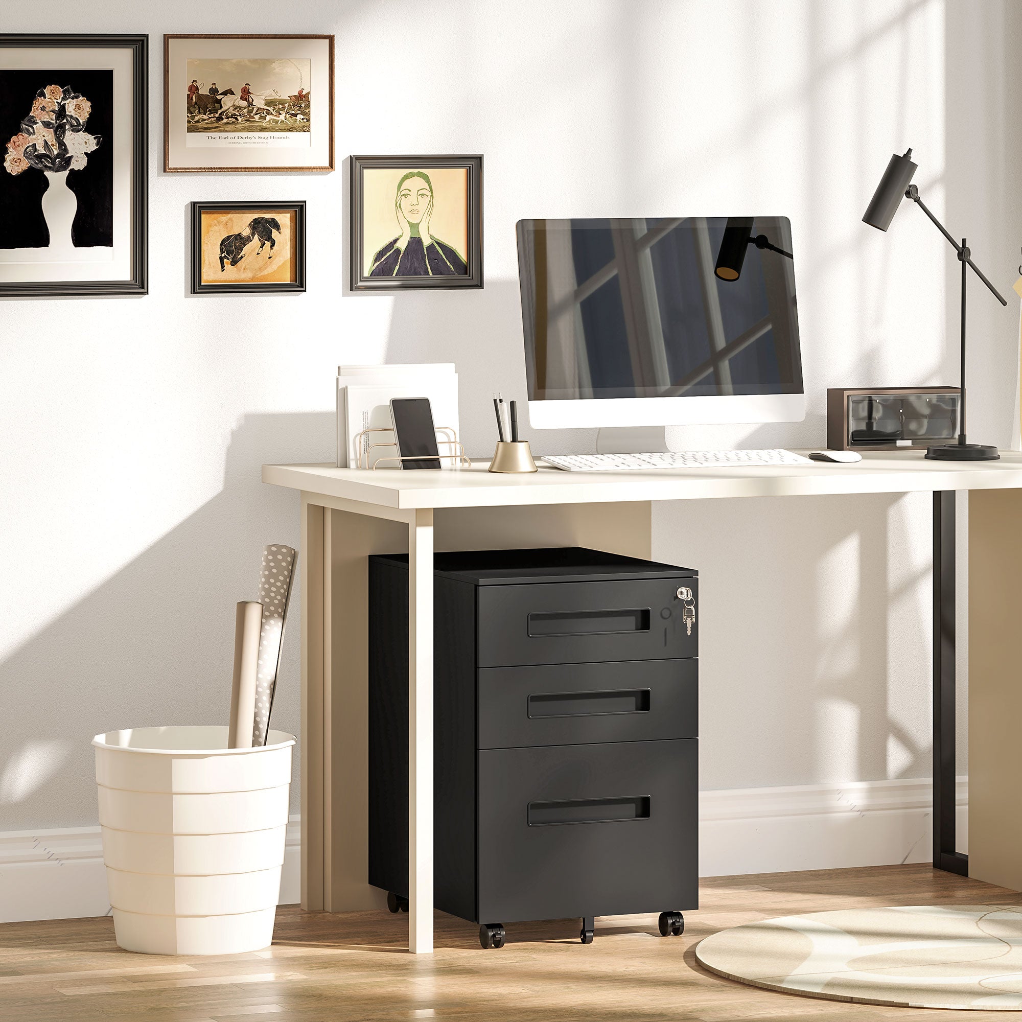 Vinsetto Metal Mobile File Cabinet with Wheels, Lockable 3 Drawer Filing Cabinet for A4, Legal, Letter, Under Desk Storage Unit with Pre-Assembled Body for Home Office, 39 x 48 x 60cm, Black 