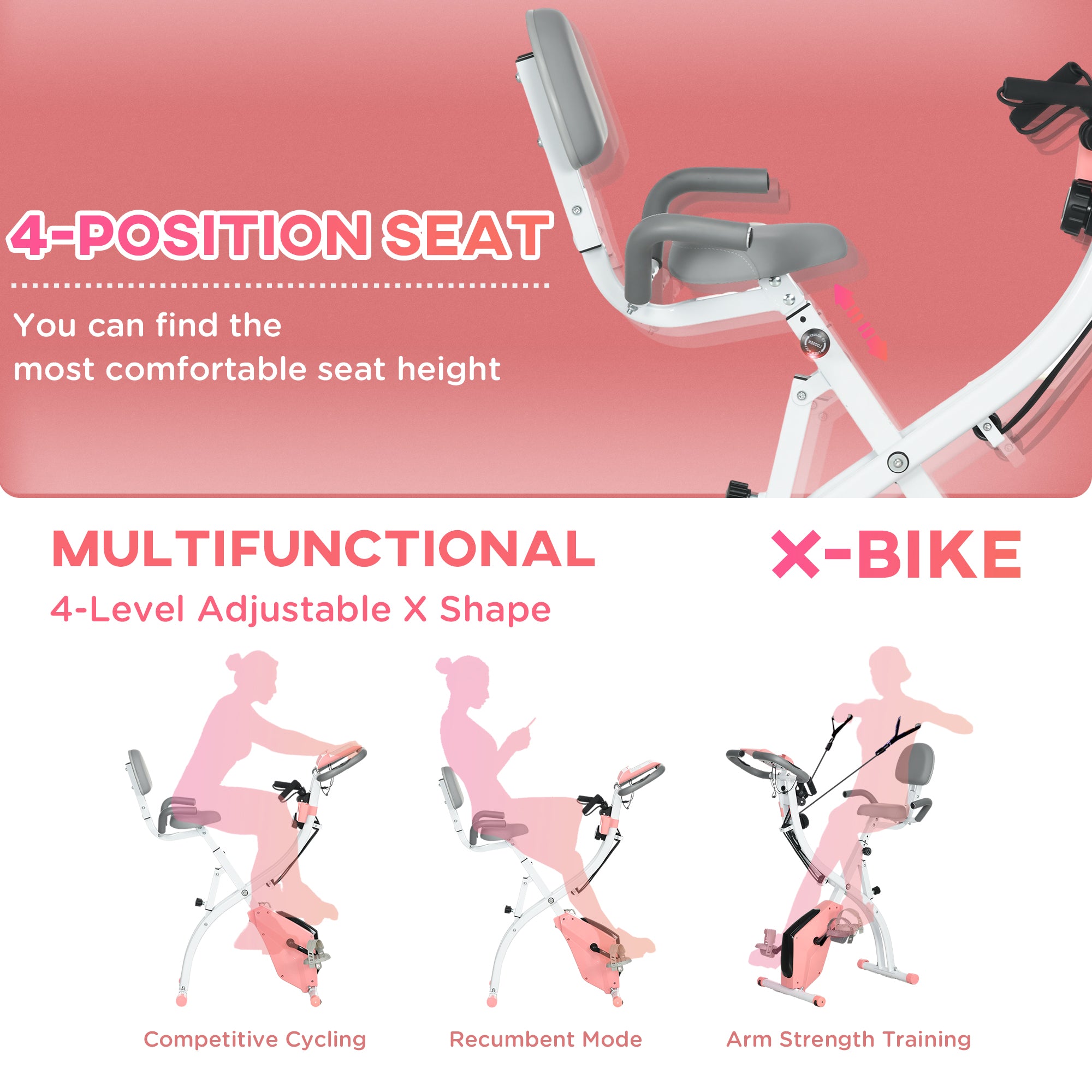 HOMCOM 2-in-1 Folding Exercise Bike with 8-Level Magnetic Resistance, Arm Resistance Band, Pulse Sensor, Pink 