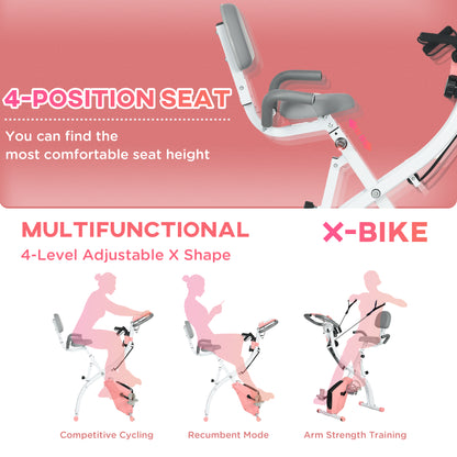 HOMCOM 2-in-1 Folding Exercise Bike with 8-Level Magnetic Resistance, Arm Resistance Band, Pulse Sensor, Pink 