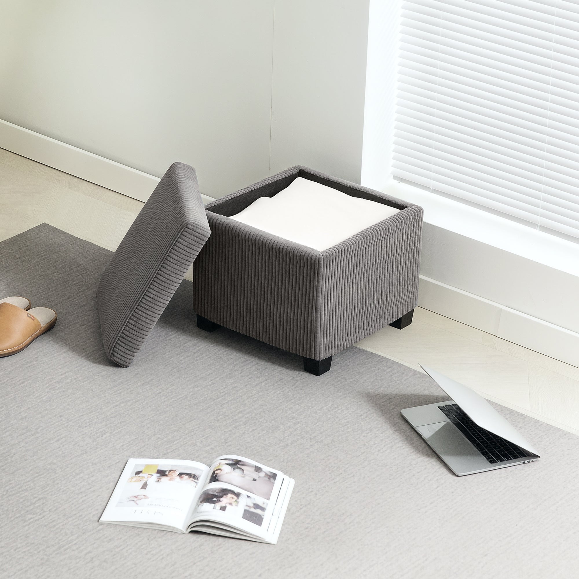 HOMCOM Storage Ottoman Bench, Corduroy Footstool with Removable Lid and Legs, 40cm Storage Chest Box for Living Room, Bedroom, Hallway, Grey 