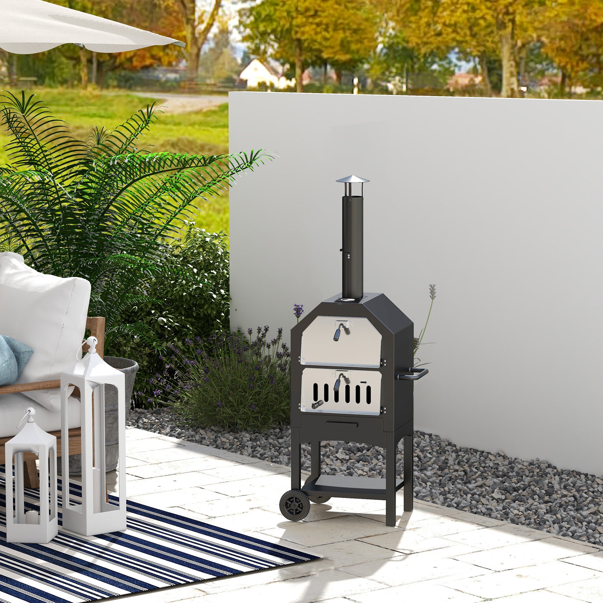 Outsunny Outdoor Garden Pizza Oven Charcoal BBQ Grill 3-Tier Freestanding w/ Chimney, Mesh Shelf, Thermometer Handles, Wheels Garden Party Gathering Stainless Steel Cooker 