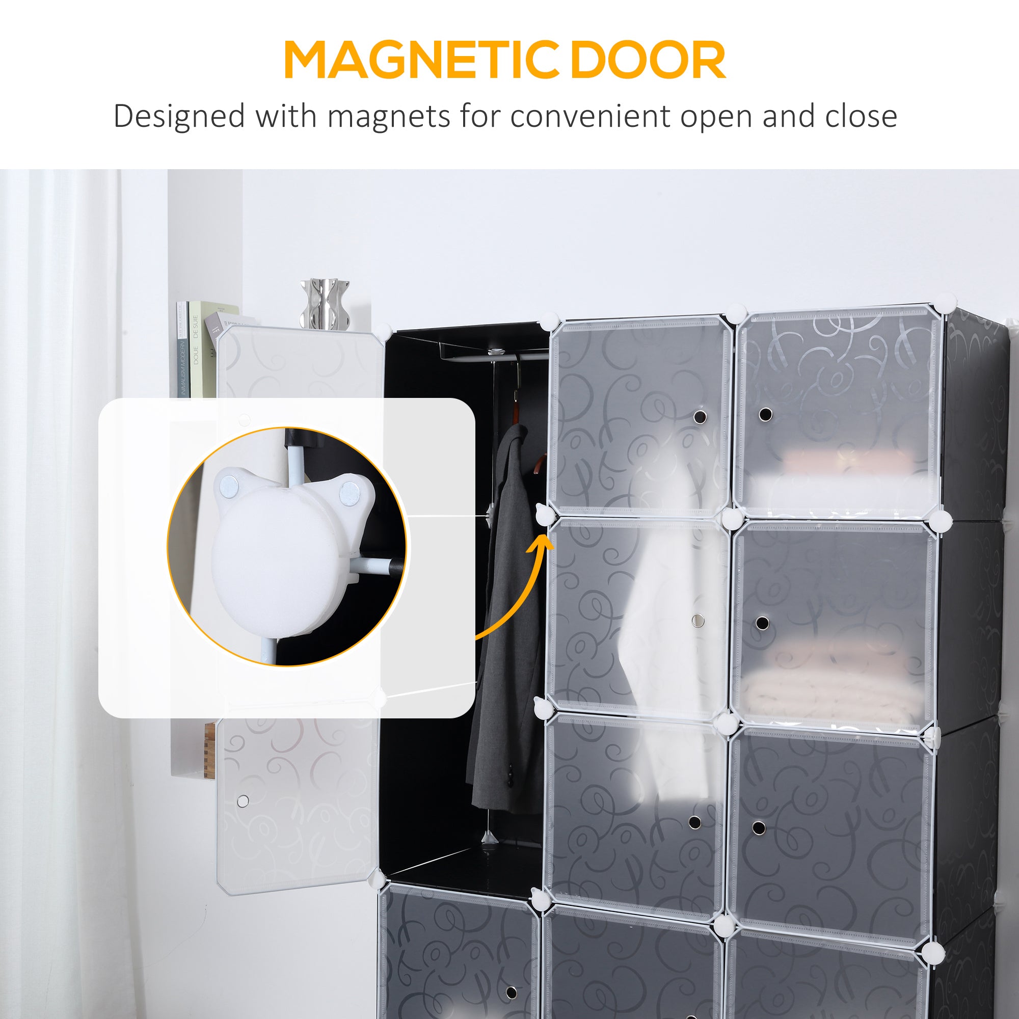 HOMCOM Portable Wardrobe for Bedroom, 15 Cube Closet with Hanging Rail, Modular Storage Cabinet, Plastic Armoire for Space Saving, White and Black 