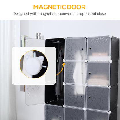 HOMCOM Portable Wardrobe for Bedroom, 15 Cube Closet with Hanging Rail, Modular Storage Cabinet, Plastic Armoire for Space Saving, White and Black 