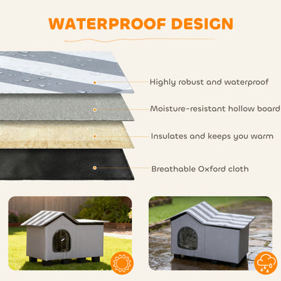 PawHut Outdoor Cat House, Weather Resistant Feral Cat Cave with Elevated Base and Cushion for Winter, Grey 
