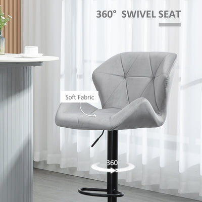 HOMCOM Bar Stools Set Of 2, Luxurious Velvet-Touch Barstools with Metal Frame Footrest Round Base Triangle Indenting Moulded Seat Adjustable Height Swivel Grey 