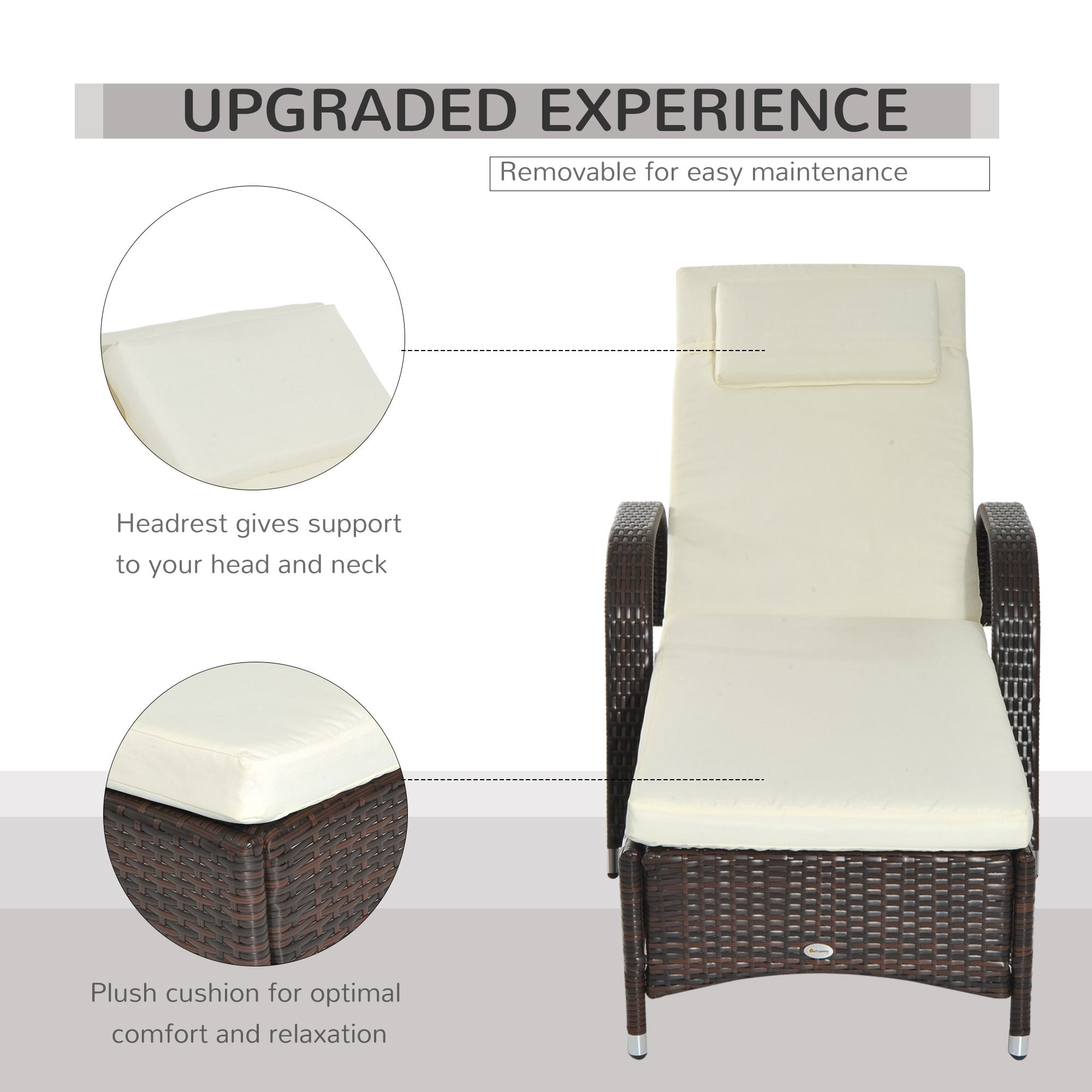 Outsunny Brown Rattan Sun Lounger w/ Adjustable Steel Frame,200Lx73Wx56-103H cm 