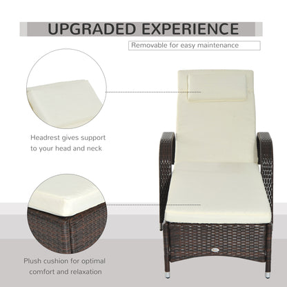 Outsunny Brown Rattan Sun Lounger w/ Adjustable Steel Frame,200Lx73Wx56-103H cm 