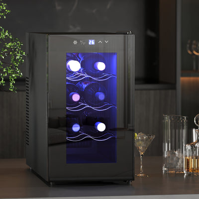 HOMCOM Mini Wine Fridge, 8 Bottle, 21L, 26.5cm, Freestanding and Under Counter, Quiet Wine Cooler Fridge with Glass Door, LED Light, Digital Touch Screen, Temperature Control 