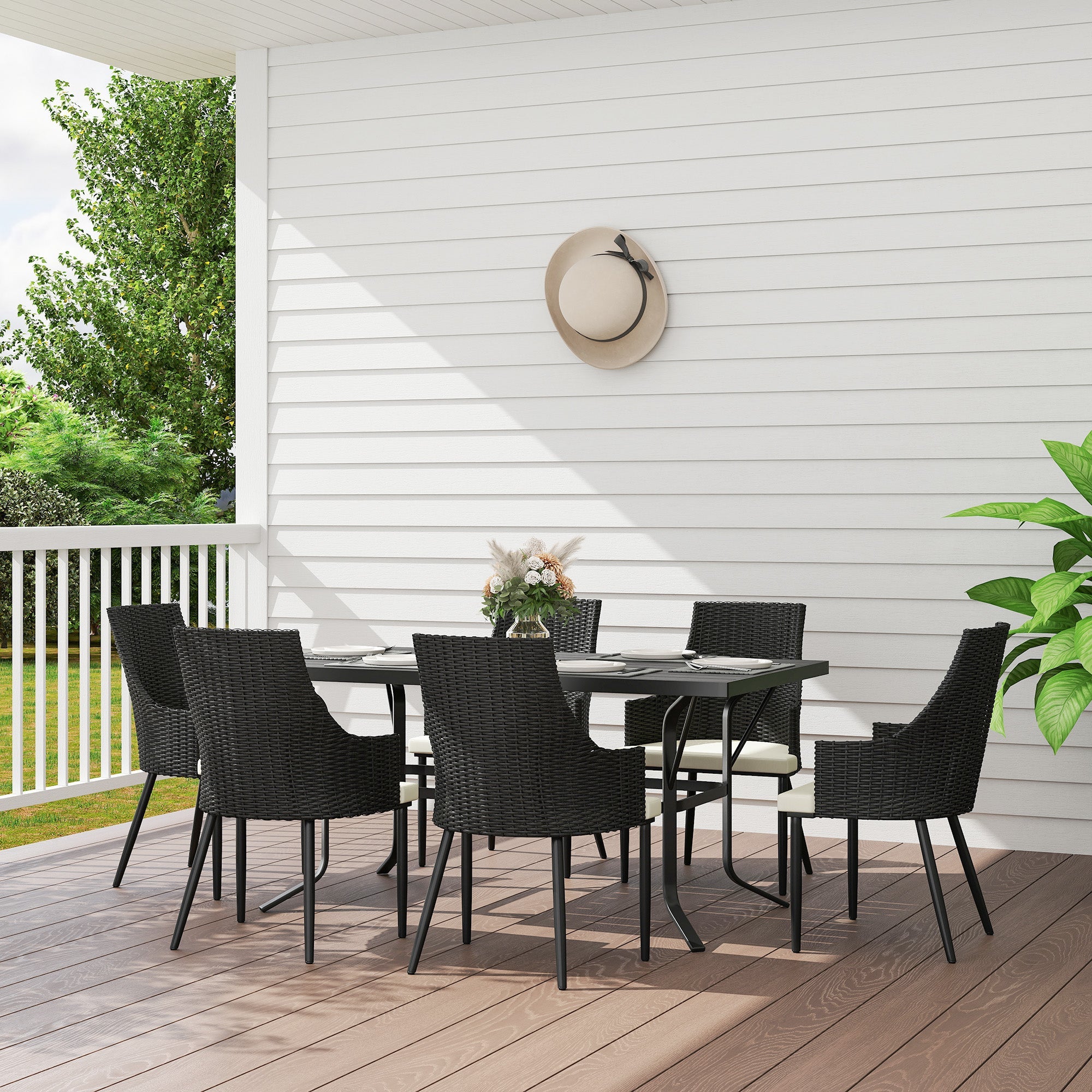 Outsunny 6 Seater Rattan Dining Set with Cushions, Garden Furniture Set with Armchairs, Rectangle Slatted Table Top, Steel Frame, Parasol Hole, Wicker Outdoor Furniture for Patio, Balcony, Cream White 