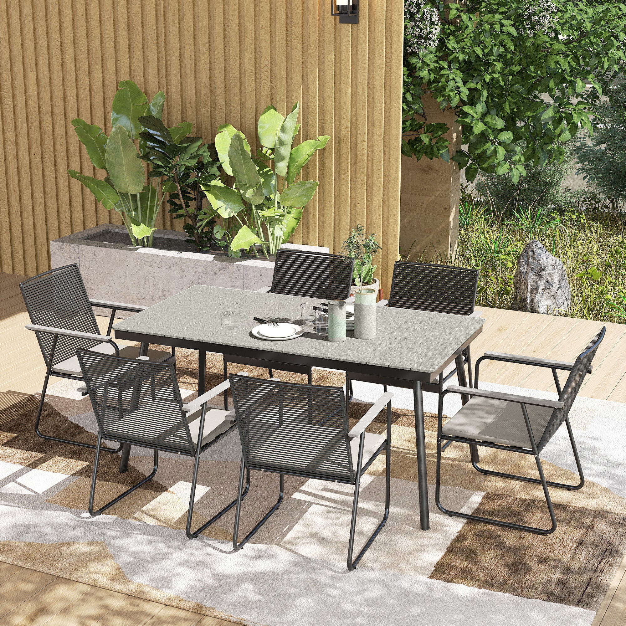 Outsunny 6 Seater Garden Dining Set with Soft Cushions, Rattan Backrest, Rectangular Plastic Top, Garden Furniture Set, Outdoor Dining Table and Chairs for Patio, Balcony, Poolside, Grey 