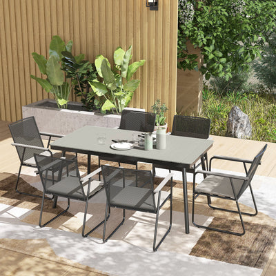 Outsunny 6 Seater Garden Dining Set with Soft Cushions, Rattan Backrest, Rectangular Plastic Top, Garden Furniture Set, Outdoor Dining Table and Chairs for Patio, Balcony, Poolside, Grey 