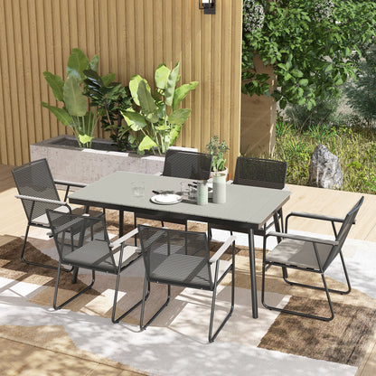 Outsunny 6 Seater Garden Dining Set with Soft Cushions, Rattan Backrest, Rectangular Plastic Top, Garden Furniture Set, Outdoor Dining Table and Chairs for Patio, Balcony, Poolside, Grey 