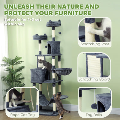 PawHut 206cm Cat Tree, Multi-Level Cat Tower with Scratching Posts and Board, Beds, Condos, Platforms, Toy Balls, Dark Grey 