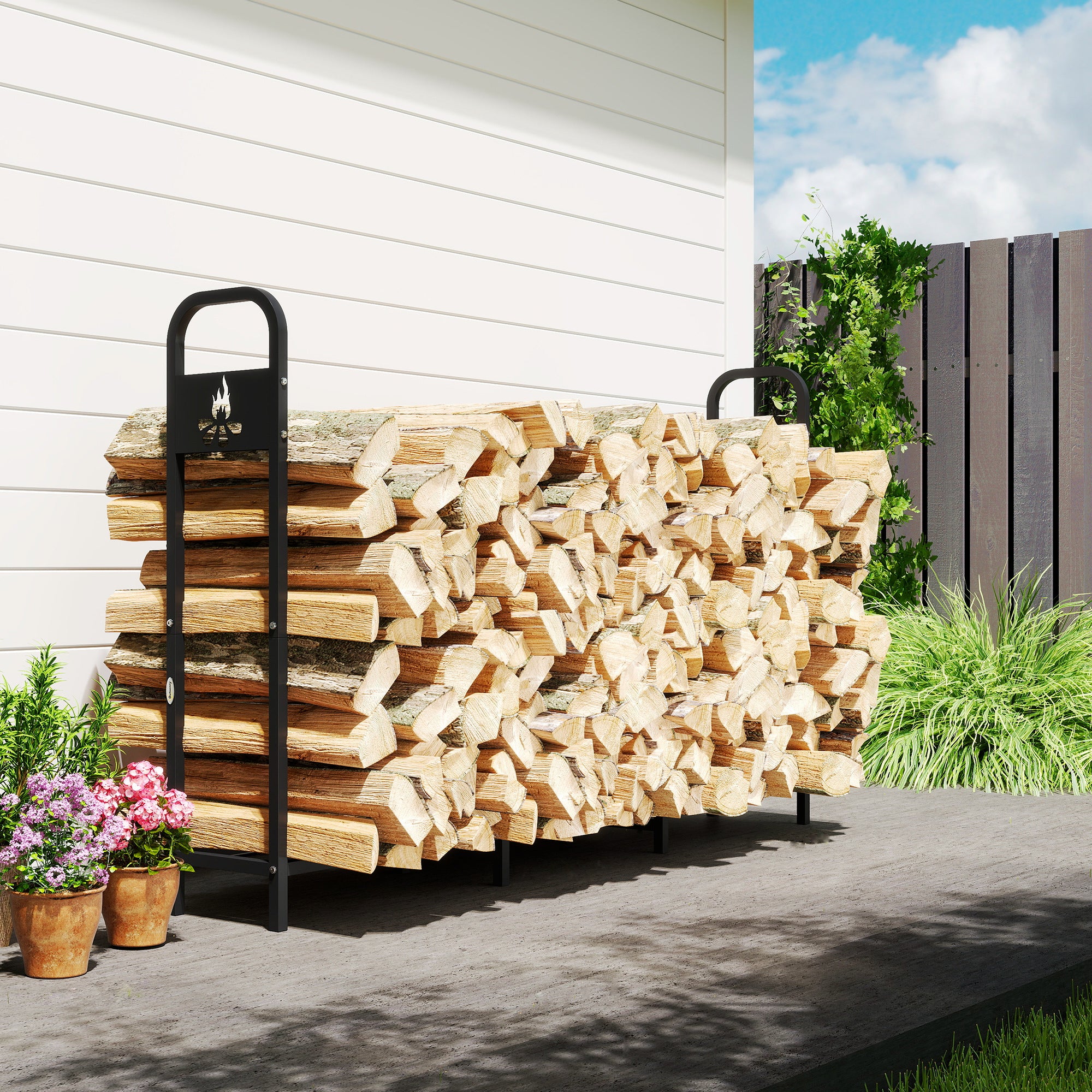 Outsunny 6.5 FT Steel Firewood Log Rack with 300 kg Capacity, Heavy Duty Indoor Outdoor Fireplace Wood Storage Shelf, Log Holder/Stand with Extra Support Legs, Decorative Bonfire Pattern, Black 