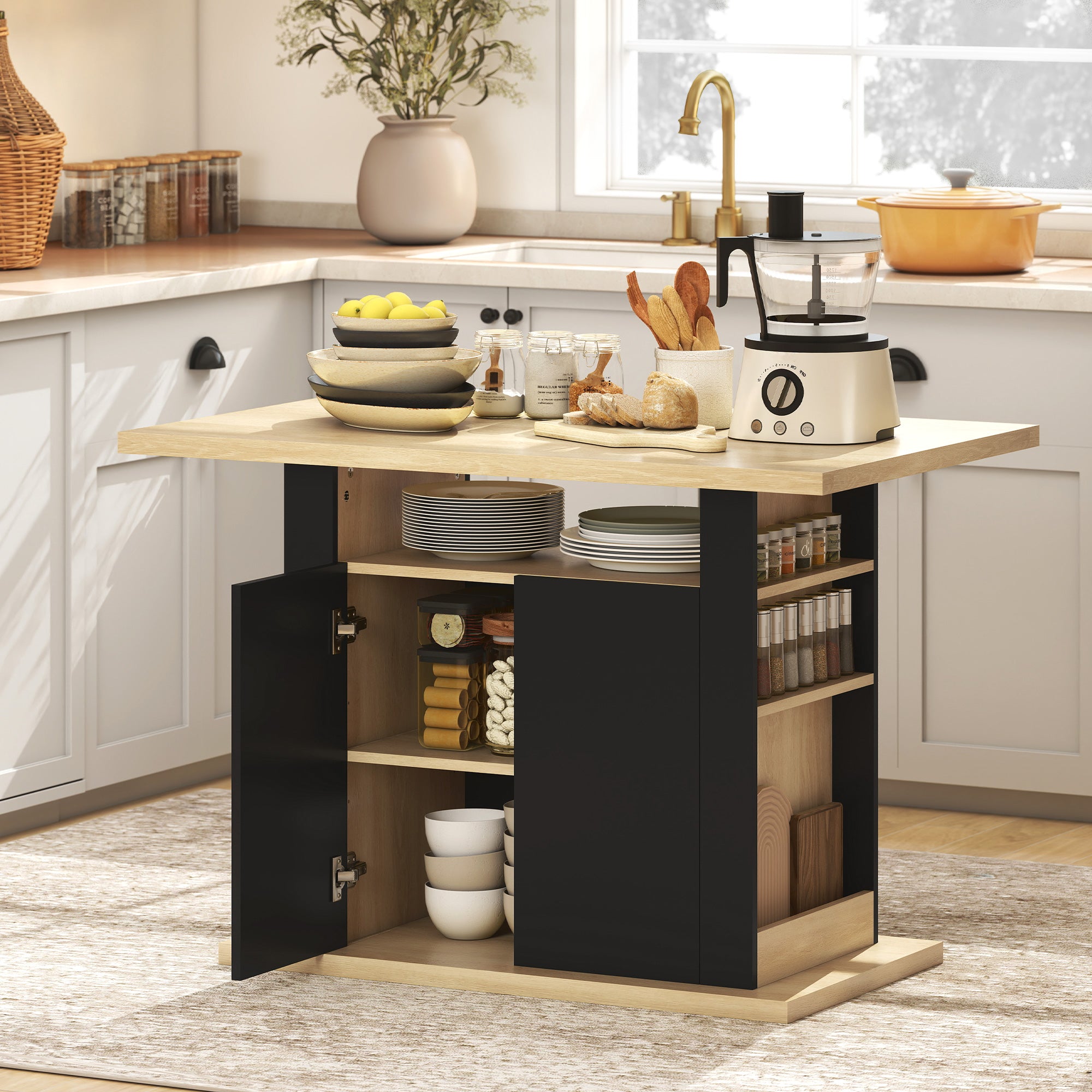 HOMCOM Kitchen Island with Spice Rack, Kitchen Storage with Large Tabletop for 4 People, Adjustable Shelves Black & Natural 