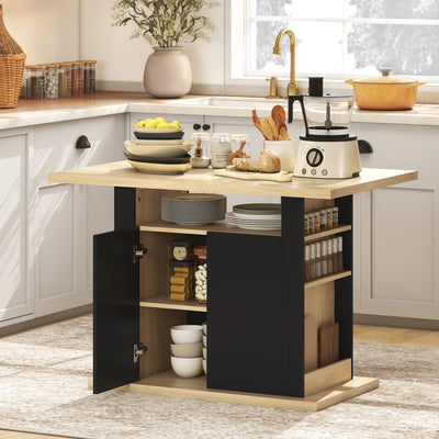 HOMCOM Kitchen Island with Spice Rack, Kitchen Storage with Large Tabletop for 4 People, Adjustable Shelves Black & Natural 