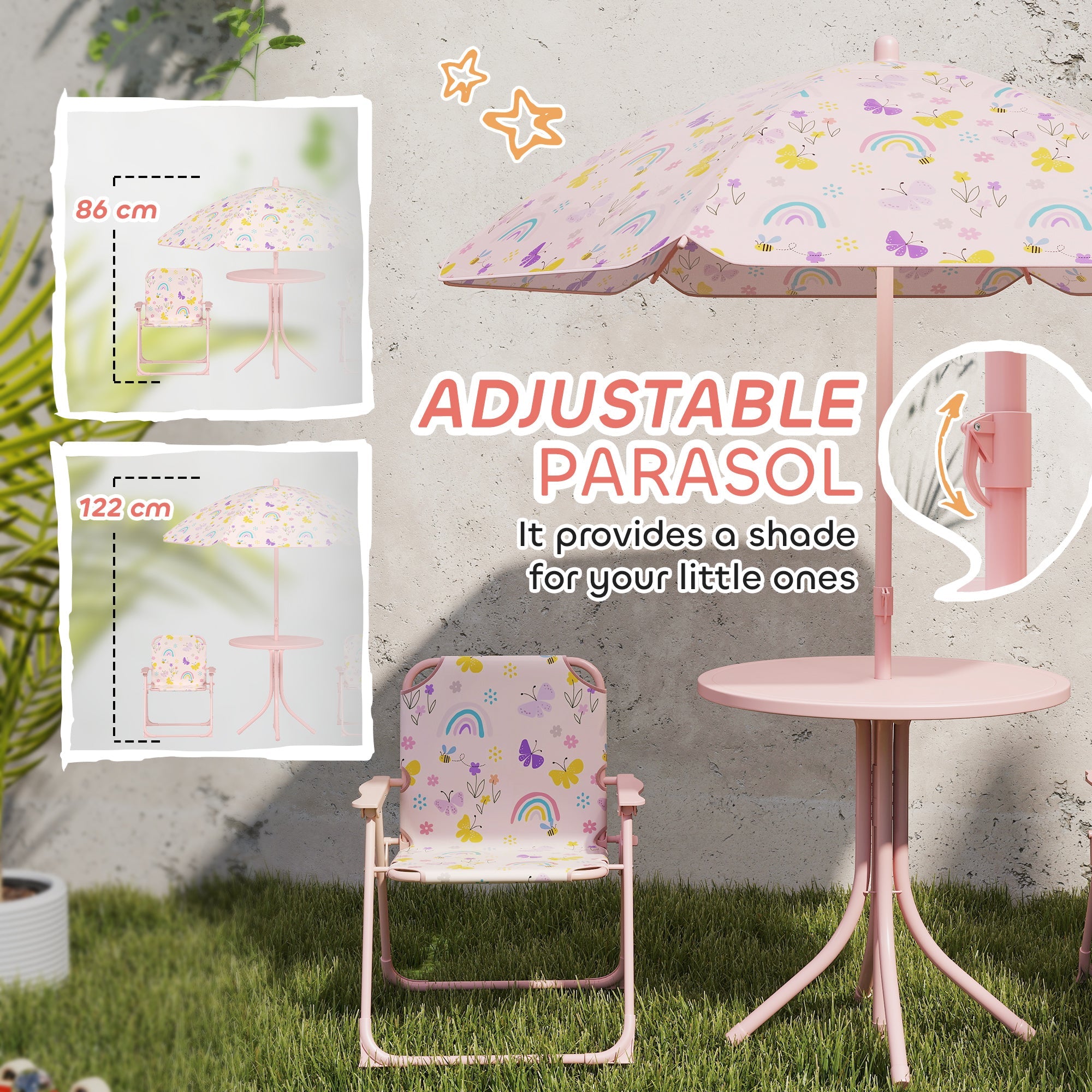 AIYAPLAY 4 Pieces Kids Garden Table and Chair Set with Adjustable Parasol, Folding Chairs, Table, Rainbow Pattern, Pink 