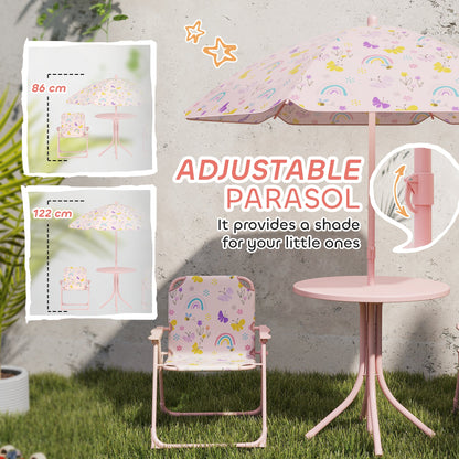 AIYAPLAY 4 Pieces Kids Garden Table and Chair Set with Adjustable Parasol, Folding Chairs, Table, Rainbow Pattern, Pink 