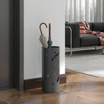 HOMCOM Freestanding Umbrella Stand for Hallway, Round Umbrella Basket with 4 Hooks and Drip Tray for Entryway, Dark Grey 