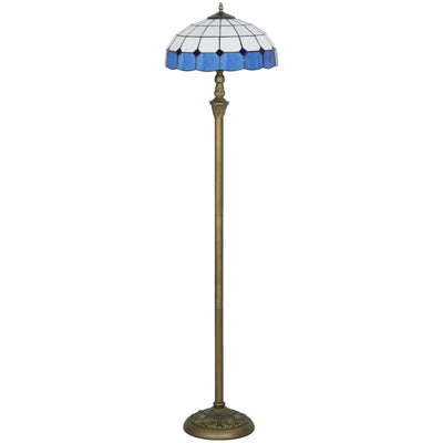 HOMCOM Tiffany-Style Floor Lamp with Handcrafted Stained Glass Shade, 152cm Tall Vintage Standing Lamp with Foot Switch and Dual Sockets for Living Room Bedroom, Bronze Tone and Blue 