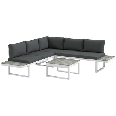 Outsunny 4 Pieces Patio Garden Set with 5-Level Recline Corner Sofa, Outdoor Garden Lounge Sectional Conversation Sofa Set with Cushions, Wood Grain Plastic Table, White  Frame Grey Cushion 