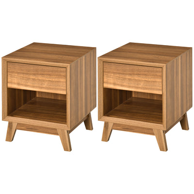 HOMCOM Modern Bedside Table Nightstand, Living Room End Table, Side Table with Drawer and Shelf, Set of 2, Walnut Brown 