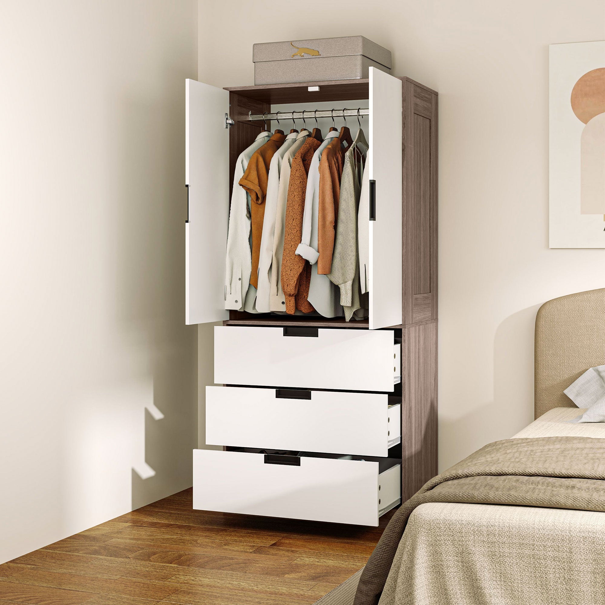 HOMCOM Two Door, Two Drawer Wardrobe - White/Brown 