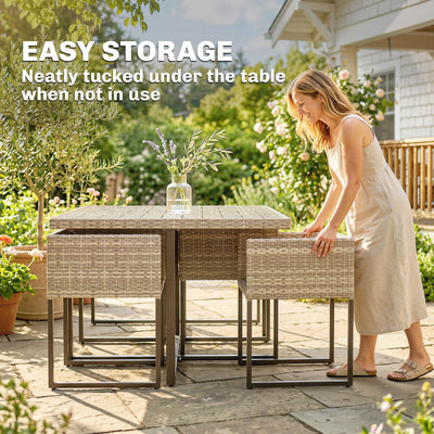 Outsunny 7 Piece Rattan Garden Furniture Set, Garden Dining Set with Wood-Plastic Table and 6 Stackable Chairs, Light Brown 