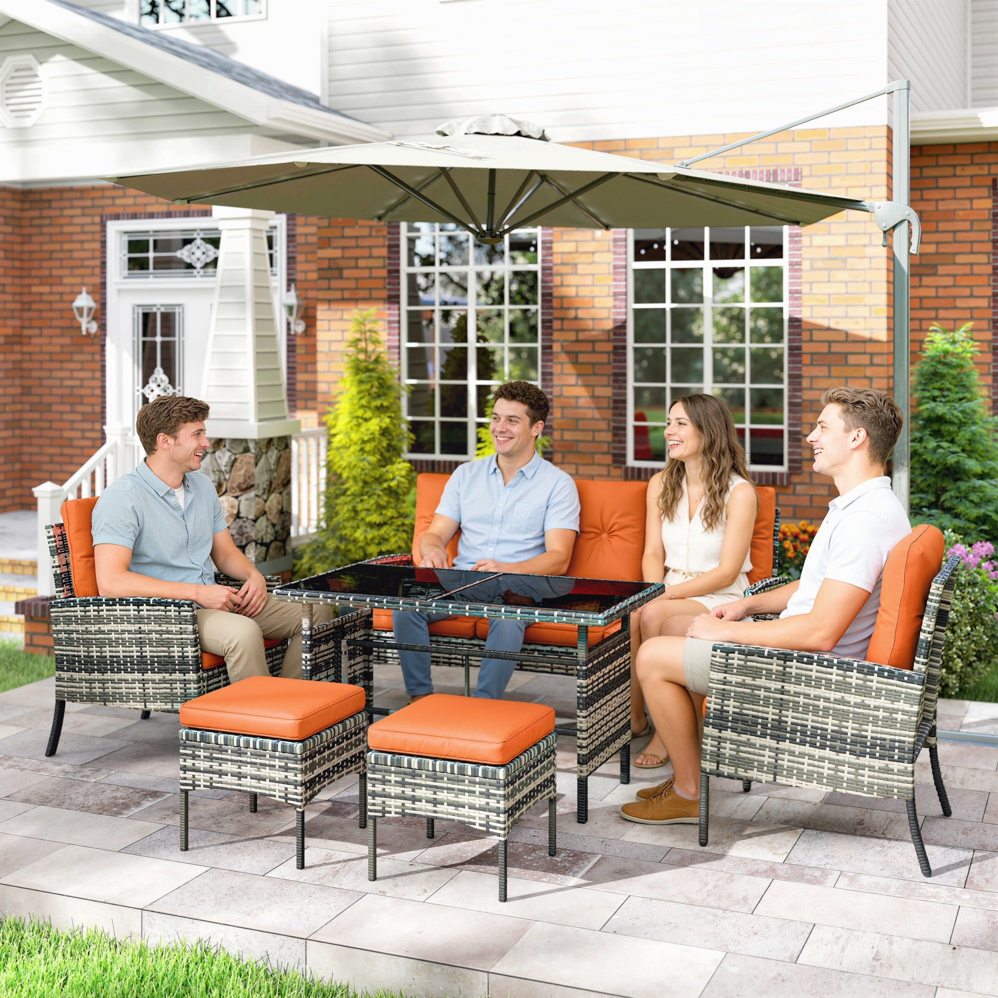Outsunny 6 Pieces Rattan Garden Furniture Set with Dining Table and Cushions, Orange 