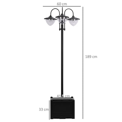 Outsunny 189cm 3-head Solar Lamp Post, Street Light with Planter, Automatic-on, 6 Hour Max Outdoor Ready LED Lighting, Black 
