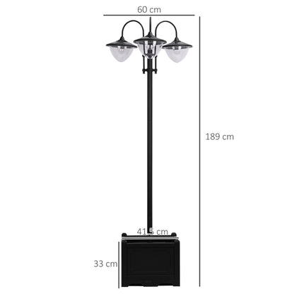 Outsunny 189cm 3-head Solar Lamp Post, Street Light with Planter, Automatic-on, 6 Hour Max Outdoor Ready LED Lighting, Black 