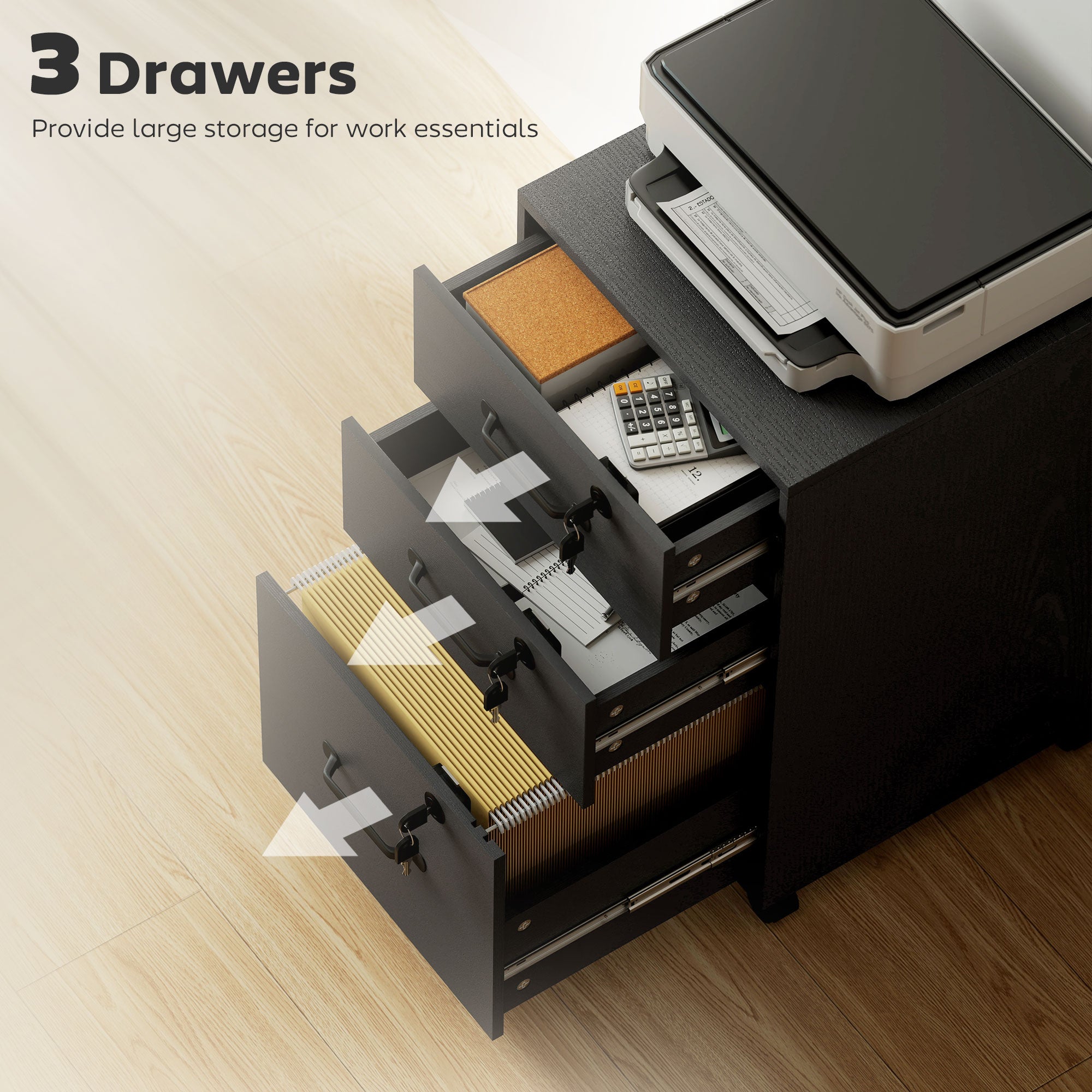 HOMCOM Three Drawer Wood-Effect Filing Cabinet - Black 