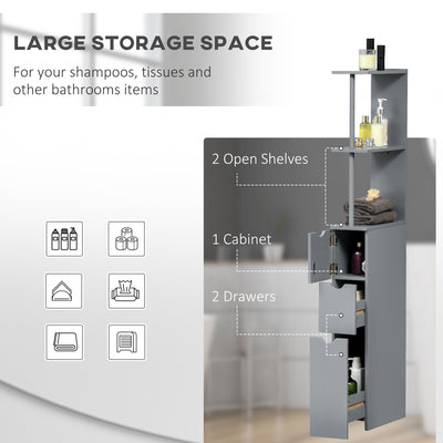 HOMCOM Tall Bathroom Cabinet, Freestanding Bathroom Storage Cabinet with 2-Tier Shelf and Drawers, Narrow Cupboard Storage Unit, Grey 