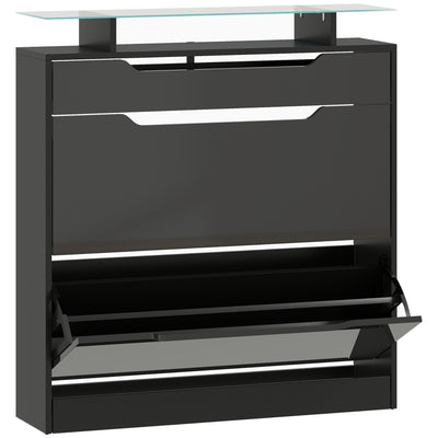 HOMCOM Shoe Storage Cabinet with Slide Out Drawer, 2 Flip Doors, Tempered Glass Top - Black 