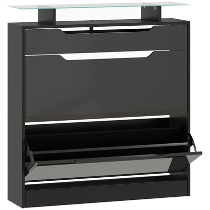 HOMCOM Shoe Storage Cabinet with Slide Out Drawer, 2 Flip Doors, Tempered Glass Top - Black