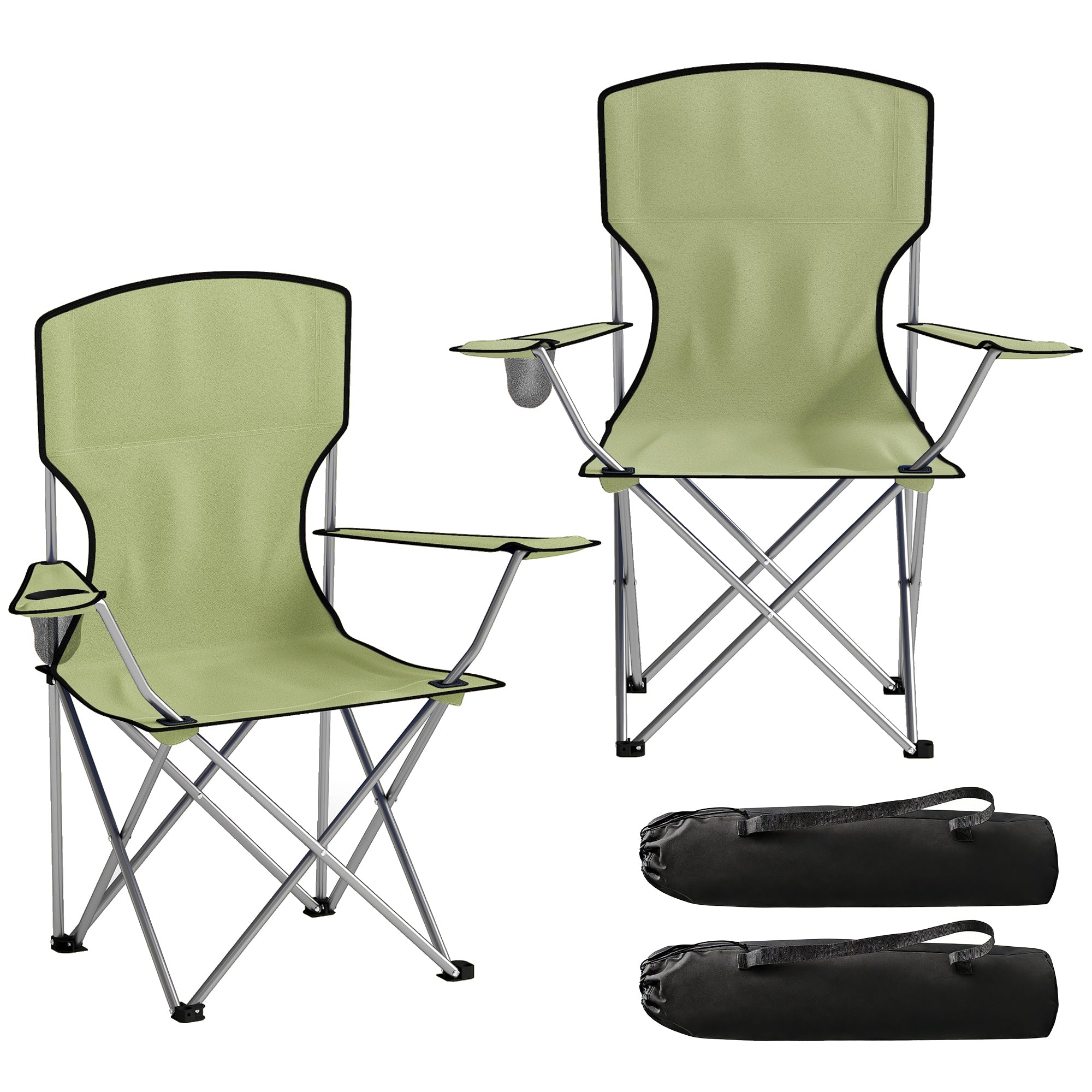 Outsunny Camping Chair Set of 2 Portable Folding Outdoor Camp Chair with Cup Holders and Carry Bag Green 