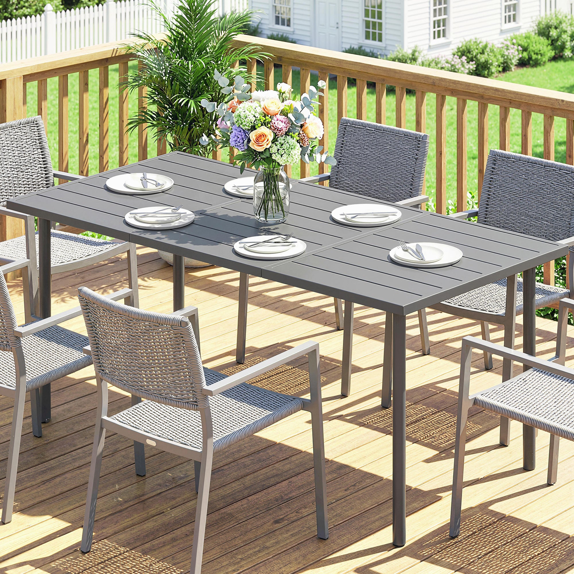 Outsunny Garden Dining Table for 6 Person, 165 x 80 cm Rectangular Outdoor Dining Table with Slatted Top 