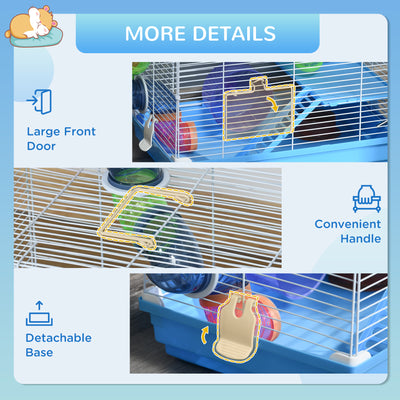 Pawhut 2 Tier Hamster Cage, Gerbil Cage with Handle, Exercise Wheels, Tunnel, Tube, Water Bottle, Dishes, Ladder, for Dwarf, Blue 