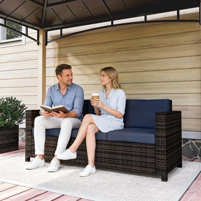 Outsunny 3 Seater Rattan Sofa All-Weather Wicker Weave Metal Frame Chair with Fire Resistant Cushio-Dark Blue 