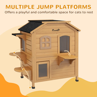 PawHut\'c2\'a02-story Cat House Outdoor, Weatherproof\'c2\'a0Wooden Cat Enclosure for Feral Cats with Escape Door, Openable Roof, Jumping Platforms, Natural Wood Finish 