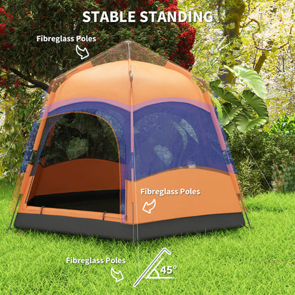 Outsunny Six Man Hexagon Camping Tent with Hang Hook and Carry Bag - Orange and Blue 