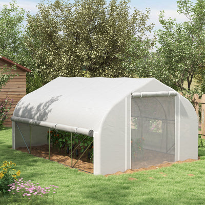 Outsunny 4 x 3(m) Walk-in Polytunnel Greenhouse, Zipped Roll Up Sidewalls, Mesh Door, 8 Mesh Windows, Tunnel Warm House Tent with PE Cover, Complimentary Plant Labels and Gloves, White 