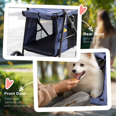 PawHut Dog Pram Dog Stroller 4 Wheels Pet Pushchair with Rolling Door, Cushion, Safety Leashes, for Small and Medium Dogs, Dark Blue 