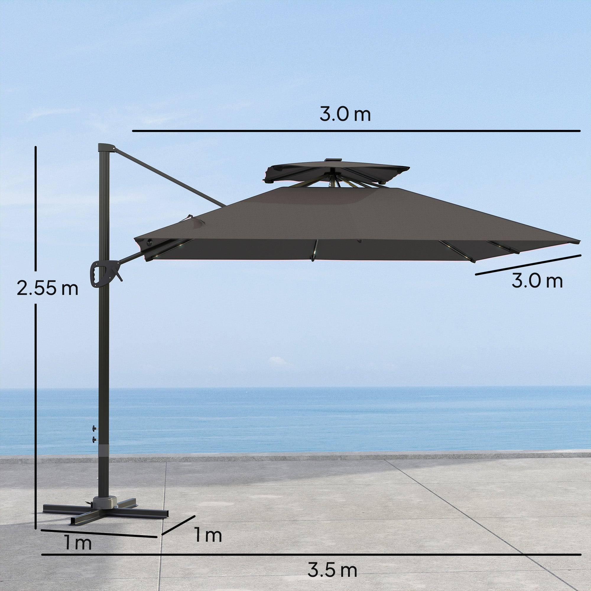 Outsunny 3.5x3 m Garden Cantilever Parasol with Solar LED Lights and Centre Light, Aluminium Large Square Patio Umbrella, UPF50+ Hanging Sun Shade with Cross Base, Crank Handle and Tilt, Grey