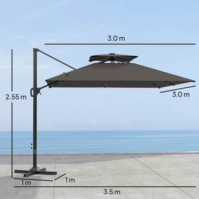 Outsunny 3.5x3 m Garden Cantilever Parasol with Solar LED Lights and Centre Light, Aluminium Large Square Patio Umbrella, UPF50+ Hanging Sun Shade with Cross Base, Crank Handle and Tilt, Grey 