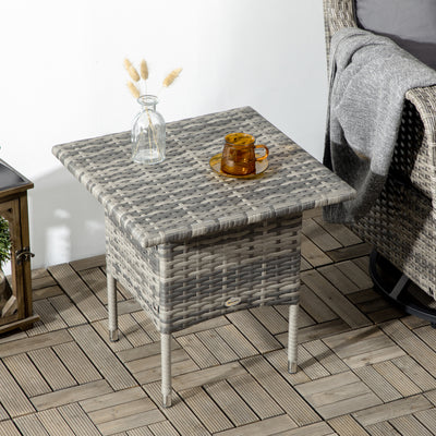 Outsunny Rattan Side Table, Outdoor Coffee Table with Plastic Board Under the Full Woven Table Top for Patio, Garden, Balcony, Mixed Grey 