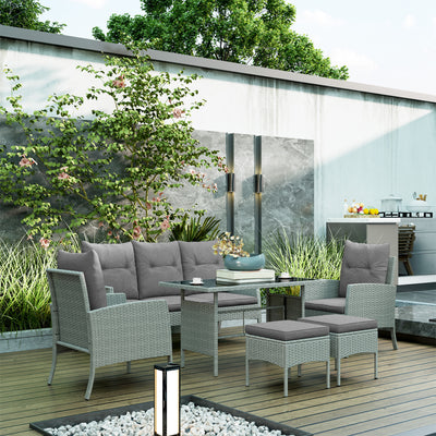 Outsunny 5 Seater Rattan Garden Furniture Set, 2 Armchairs, 3-Seater Wicker Sofa, 2 Footstools and Glass Table, 6 Piece Patio Rattan furniture Sofa Sets with Cushions for Conservatory, Grey 