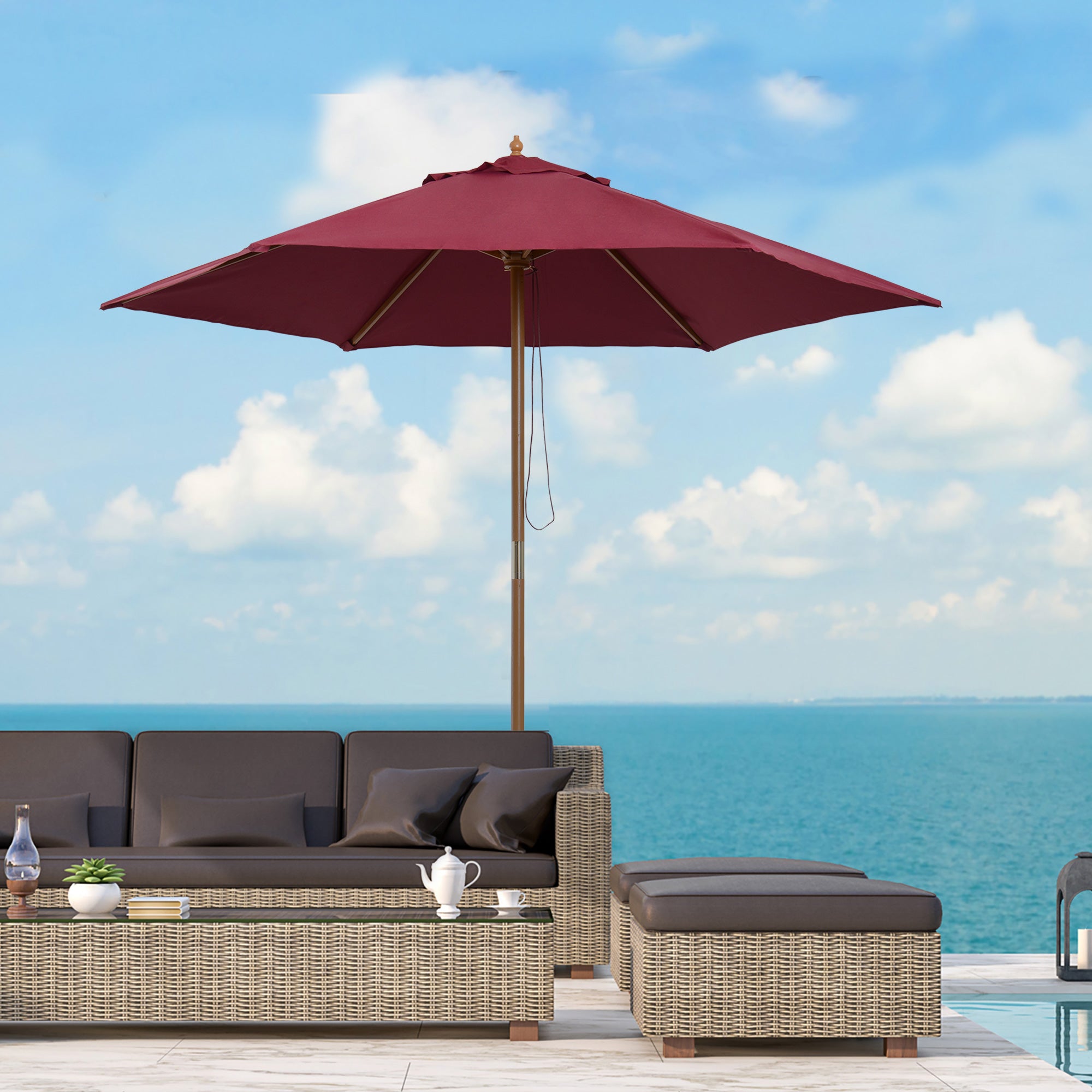 Outsunny 2.5m Wood Garden Parasol Sun Shade Patio Outdoor Wooden Umbrella Canopy Wine Red 