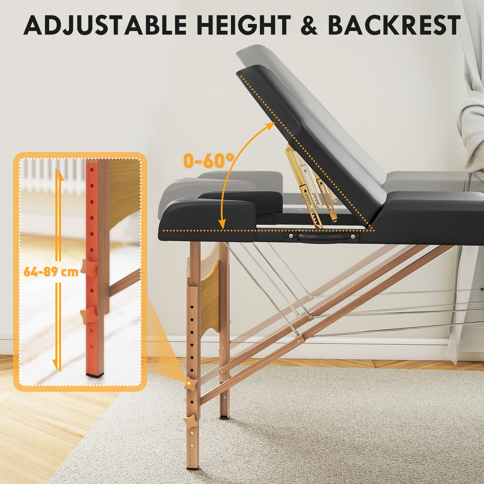 HOMCOM Foldable Massage Table with Beech Wood Legs - Black